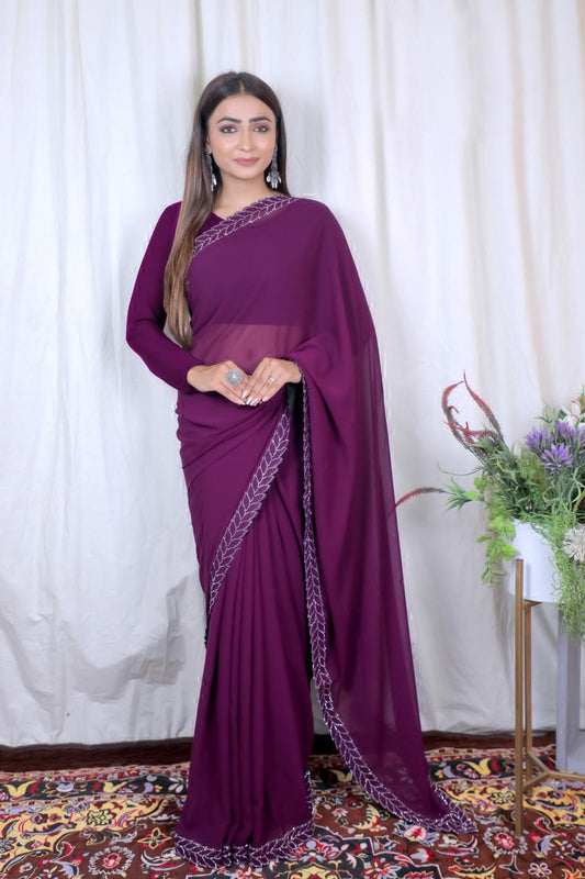 Wine Colour Georgette Designer Saree With Stone Work With Unstiched Blouse Peace For Women And Girls.