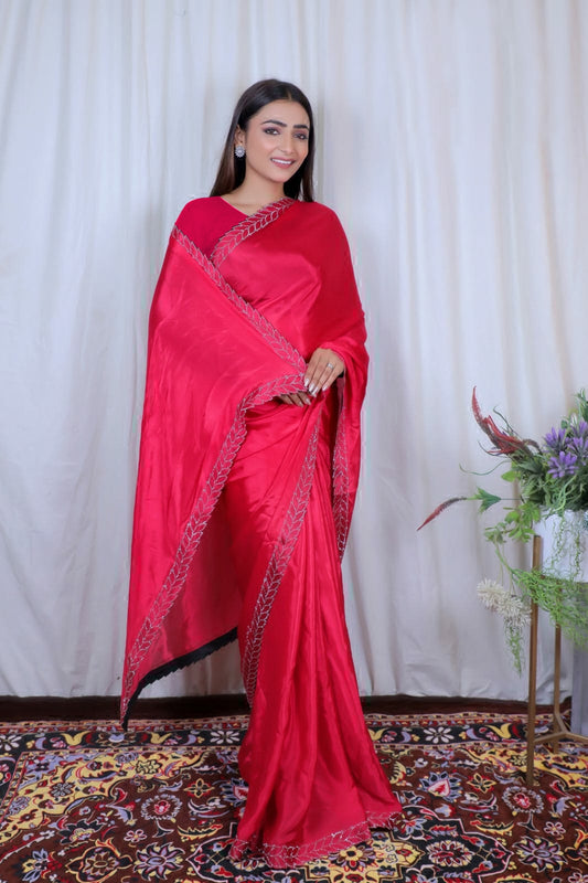 Rani Colour Georgette Designer Saree With Stone Work With Unstiched Blouse Peace For Women And Girls.