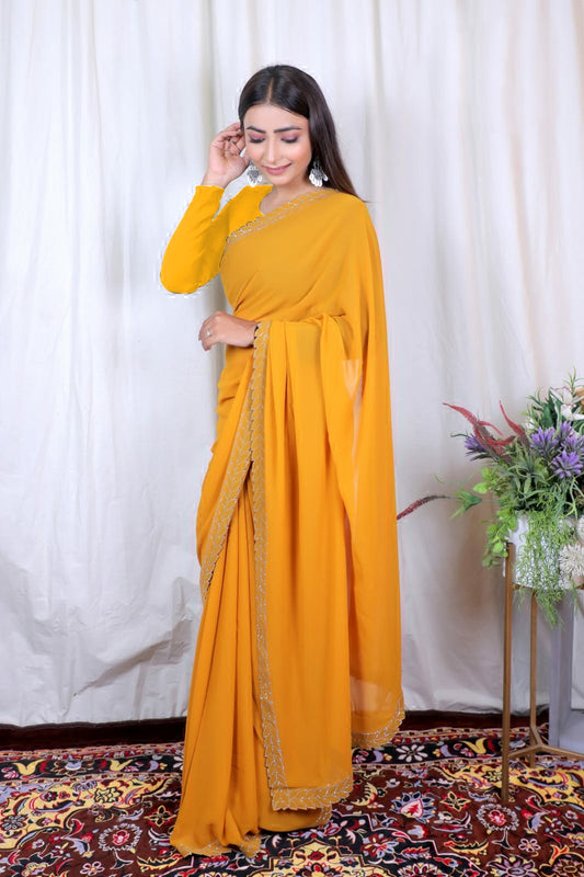 Yellow Colour Georgette Designer Saree With Stone Work With Unstiched Blouse Peace For Women And Girls.